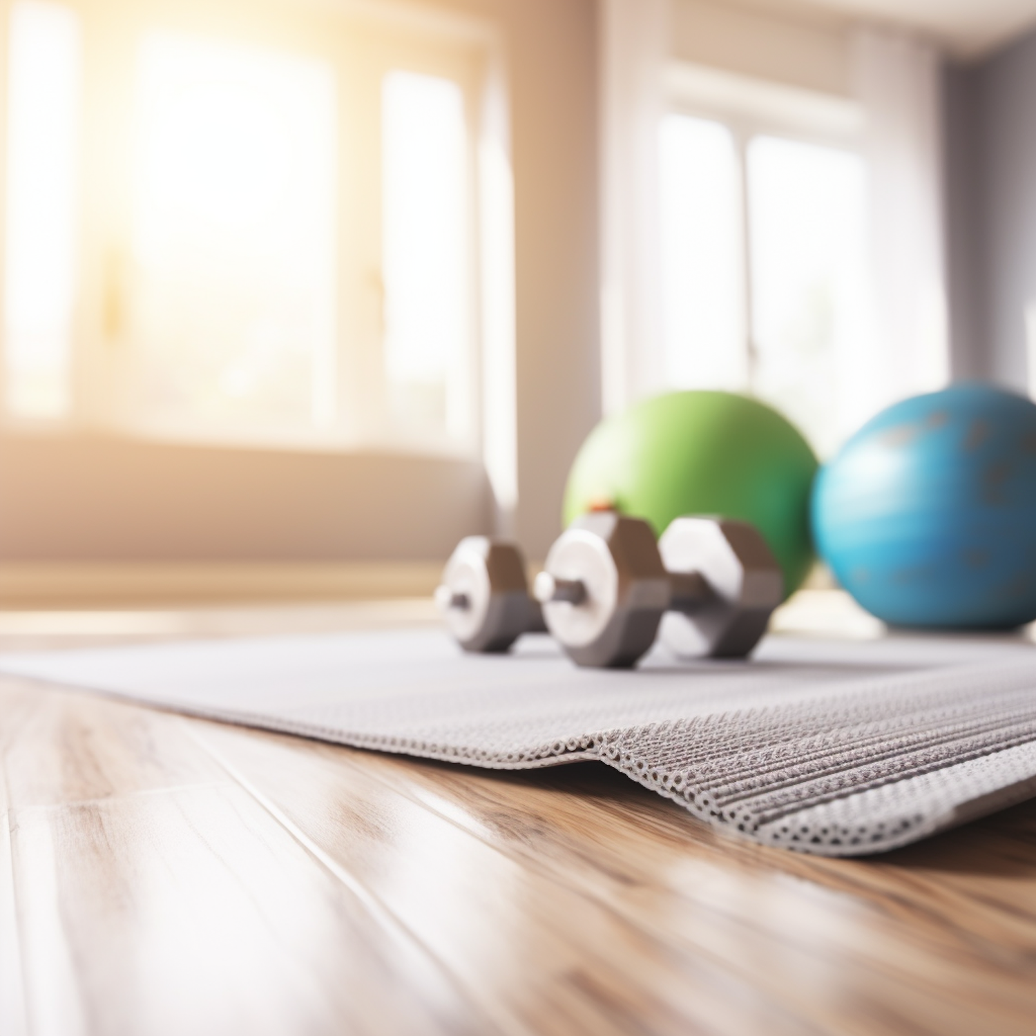 Home gym set, dumbbells, mat and stability balls